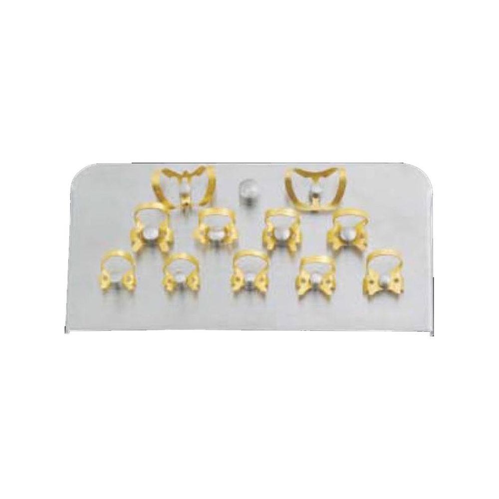 Stainless Steel Gold Plated Rubber Dam Clamp Tray with 11 Different Clamps Fig. 212, 211, 8, 8A, 14, 14A, 0, 00, 2, 2A, 7